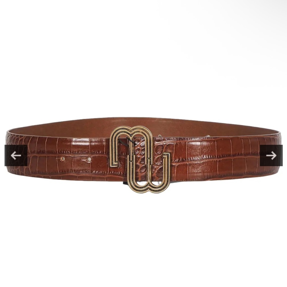 Maje croc-effect leather double M belt in cognac brown. Size 2